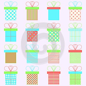 Set of present or gift boxes. Vector icons. Bright colors. Celebration concept. Seamless pattern
