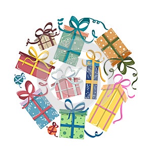 Set of presents for christmas tree, gifts packed with ribbons