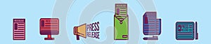 Set of press release cartoon icon design template with various models. vector illustration isolated on blue background