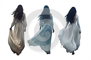 set of pretty brunette woman wearing long white dress. transparent PNG. rear view. back view.