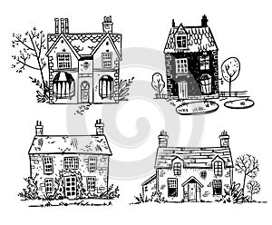 Set of pretty English cottages, vector drawing