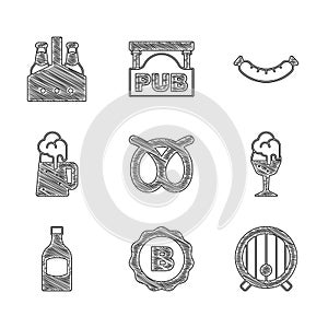 Set Pretzel, Bottle cap with beer, Wooden barrel, Glass of, Beer bottle, mug, Sausage and Pack bottles icon. Vector