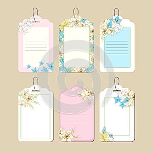 Set of price labels with spring floral ornament. Text frame with pink and yellow flowers. Vector illustration