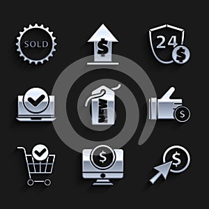 Set Price tag with New, Computer monitor dollar, Cursor and coin, Hand holding, Shopping cart check mark, Laptop, Shield