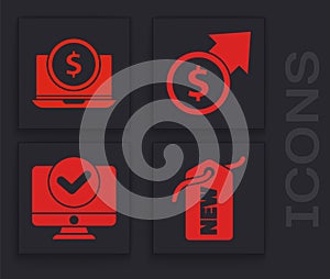 Set Price tag with New, Laptop with dollar, Financial growth and coin and Computer monitor icon. Vector