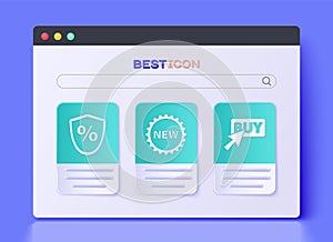 Set Price tag with New, Loan percent and Buy button icon. Vector