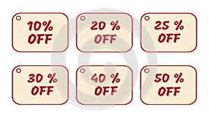 Set of price tags, red text on yellow textural background.