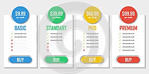Set of pricing plans. Templates table in flat design. Table tariff banner for websites and applications.