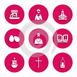 Set Priest, Christian cross, Bottle of wine, Holy bible book, Burning candle, Easter eggs, Church building and cake icon