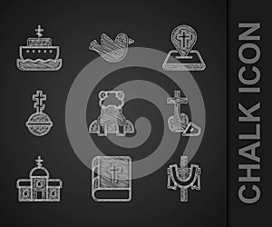 Set Priest, Holy bible book, Christian cross, Church building, Location church and Ark of noah icon. Vector