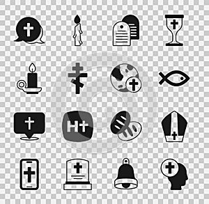 Set Priest, Pope hat, Christian fish symbol, Holy bible book, cross, Burning candle in candlestick, and with globe icon