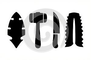 Set of primitive tools and weapons silhouettes on white background