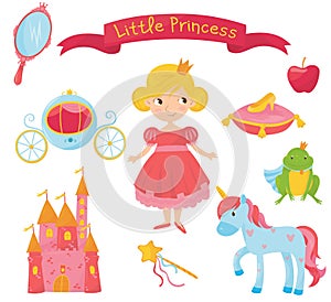 Set of princess items. Girl in dress, handle mirror, carriage, apple, frog prince, shoe on pillow, castle, magic wand