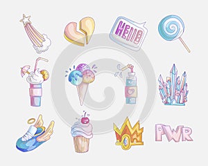 Set of princess and little girls cute fashion icon. Lovely vector set of hand drawn princess elements - broken heart
