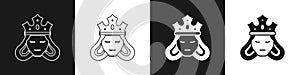 Set Princess or queen wearing her crown icon isolated on black and white background. Medieval lady. Vector