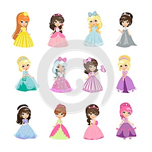 Set of Princesses in Evening Gowns Isolated Vector