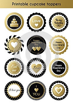 Set of printable gold and black cupcake toppers, tags for Valentine`s day party photo