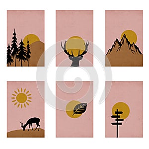 Set of 6 Printable Illustrations, Minimalist Pattern, Mountains, Reindeer , Tree, Sunset, Wall Art,