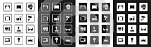 Set Printer, Cinema camera, Graphic tablet, Air headphones, Security, Laptop, Smart glasses and Computer monitor icon