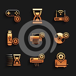 Set Printer setting, Air conditioner, Toaster, CD or DVD disk, Old hourglass with sand and USB flash drive icon. Vector