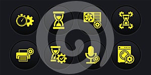 Set Printer setting, Hourglass, , Microphone, Air conditioner and Old hourglass with sand icon. Vector