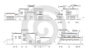 Set of private house facades, detailed architectural technical drawing, vector blueprint