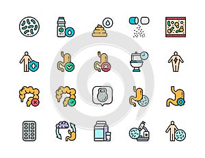 Set of Probiotic Color Line Icons. Lactobacilli, Intestines, Vitamins and more.