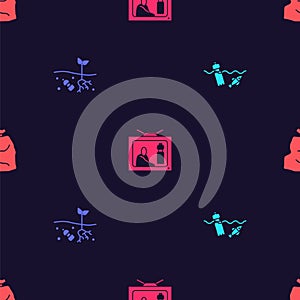 Set Problem pollution of the ocean, planet, Stop plastic and Garbage bag on seamless pattern. Vector