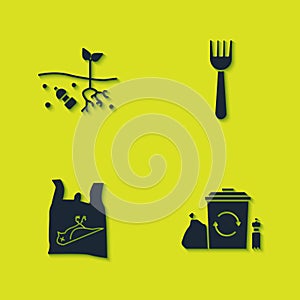 Set Problem of pollution planet, Recycle bin with recycle, Dead bird, plastic and Disposable fork icon. Vector