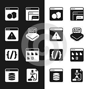 Set Processor, Browser with exclamation mark, Software, Programming language syntax, files, Flowchart and Server, Data