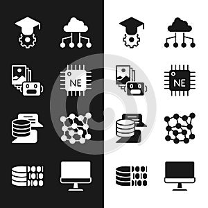 Set Processor CPU, Artificial intelligence robot, Graduation cap, Network cloud connection, Server, Data, Neural network