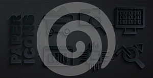Set Processor CPU, Binary code, Data analysis, Search data, with folder and Coal mine trolley icon. Vector