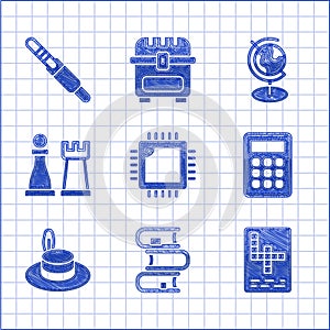 Set Processor with CPU, Book, Crossword, Calculator, Man hat, Chess, Earth globe and Audio jack icon. Vector