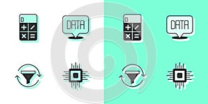 Set Processor CPU, Calculator, Sales funnel with chart and Data analysis icon. Vector
