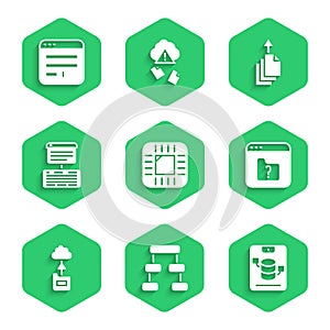 Set Processor with CPU, Hierarchy organogram chart, Server, Data, Web Hosting, File missing, Cloud technology data