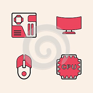 Set Processor with CPU, Motherboard digital chip, Computer monitor screen and mouse icon. Vector