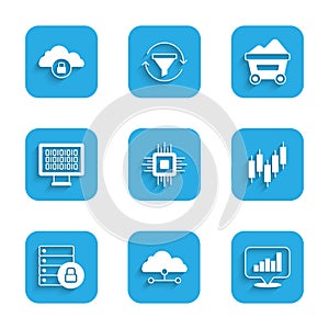 Set Processor CPU, Network cloud connection, Pie chart infographic, Browser with stocks market, Server security padlock