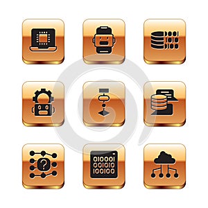 Set Processor CPU, Neural network, Binary code, Algorithm, Robot setting, Network cloud connection and Chat icon. Vector