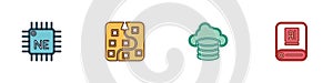Set Processor CPU, Neural network, Cloud database and Artificial intelligence AI icon. Vector