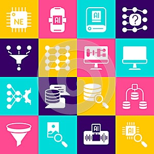 Set Processor CPU, Server, Data, Computer monitor, Artificial intelligence AI, Neural network, Funnel filter, and
