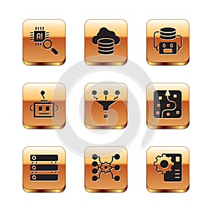 Set Processor CPU, Server, Data, Neural network, Funnel filter, Artificial intelligence robot, and Cloud database icon