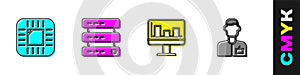 Set Processor with CPU, Server, Data, Web Hosting, Monitor graph chart and Analyst engineer icon. Vector