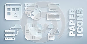 Set Processor with CPU, Server, Data, Web Hosting, Network cloud connection, Cloud technology data transfer, and Loading