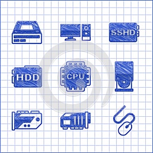 Set Processor with CPU, Video graphic card, Computer mouse, Optical disc drive, Hard disk HDD, SSHD and icon. Vector