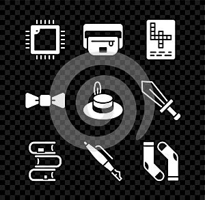 Set Processor with CPU, Waist bag of banana, Crossword, Book, Fountain pen nib, Socks, Bow tie and Man hat icon. Vector