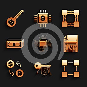 Set Processor, Cryptocurrency key, Blockchain technology, Smart contract, exchange and bitcoin icon. Vector