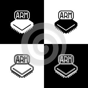 Set Processor icon isolated on black and white background. CPU, central processing unit, microchip, microcircuit