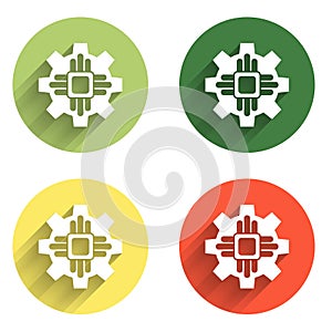 Set Processor icon isolated with long shadow background. CPU, central processing unit, microchip, microcircuit, computer