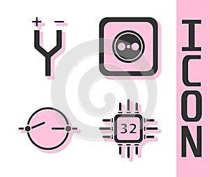 Set Processor with microcircuits CPU, Electric cable, Electric circuit scheme and Electrical outlet icon. Vector