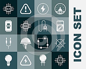 Set Processor with microcircuits CPU, Electric scheme, Multimeter, Lightning bolt, light switch, and plug icon. Vector
